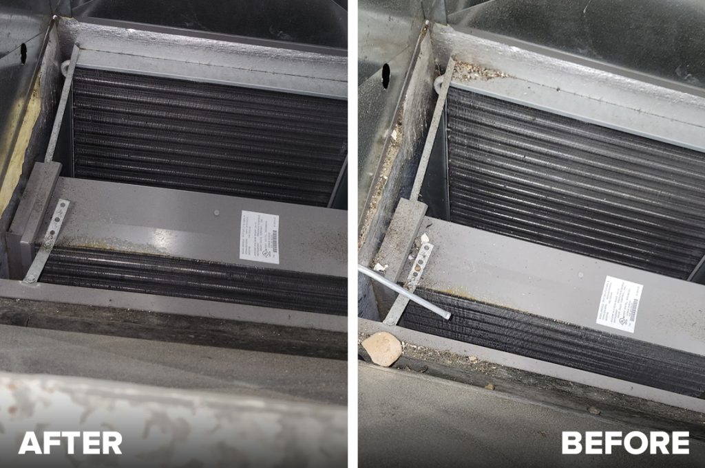 A side-by-side look at an HVAC coil, demonstrating significant dust removal and improved air passage following professional cleaning.