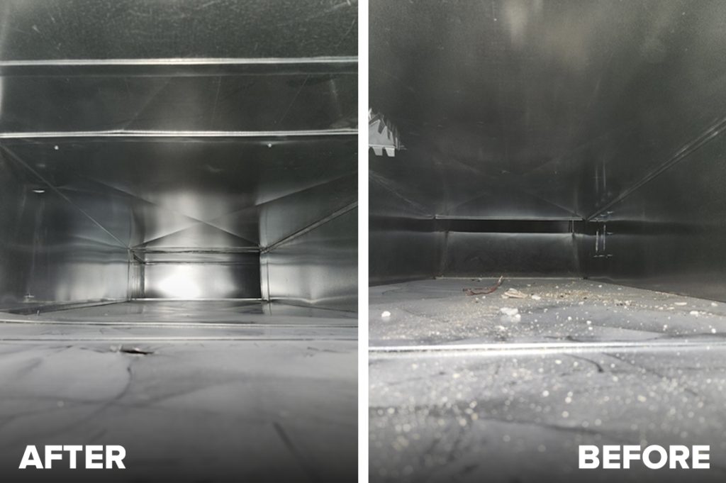 Side-by-side comparison of a metal air duct, with a pristine, dust-free surface labeled “After” and a debris-covered surface labeled “Before.”