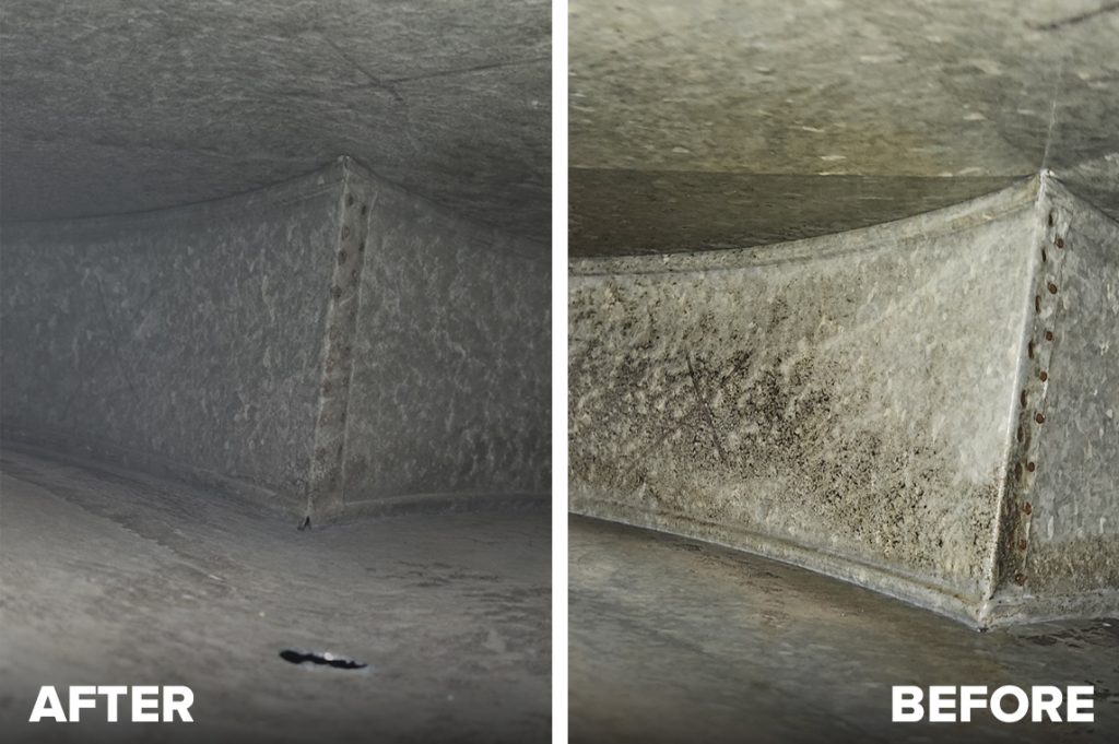 Another pair of images showing a previously dirt-laden duct now visibly cleaner and more efficient.